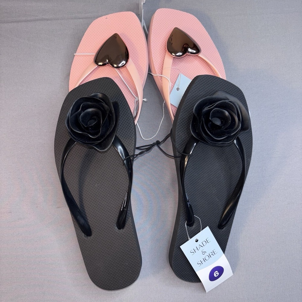 Lot Of 2 Shade & Shore Sandals Womens Sz 6 Flip Flops Beach Rose Heart Pink - Picture 2 of 4